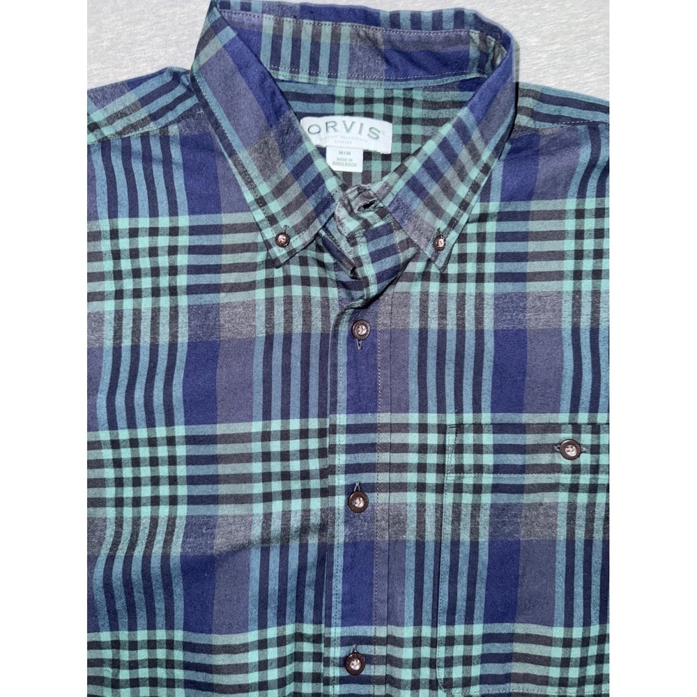 Orvis Mens Regular Fit Blue Green Plaid Cotton Button Down Shirt Size Medium